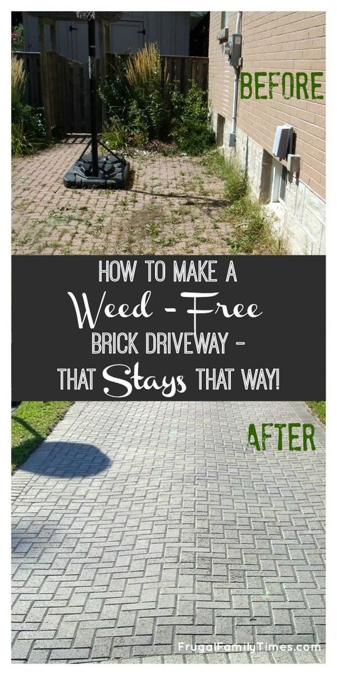 Stop buying weed killers or weeding by hand! How to get a weed-free brick driveway (or patio) that stays that way. A DIY weed prevention method that lasts - and is non-toxic. How to get rid of weeds between interlocking bricks. #howto #diy #weeds #patio Brick Patio Repair, How To Stop Weeds From Growing, Driveway Update, Cabin Landscape, Diy Patio Ideas, Polymeric Sand, Brick Driveway, Stone Edging, Brick Patio