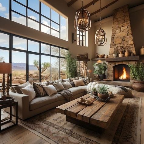 Rustic Luxury Living Room, Mediterranean Style Homes Interior, 2024 Living Room, Window With A View, Modern Rustic Living Room, Living Room Decor Rustic, Living Room Designs Small Spaces, Large Window, Large Stone