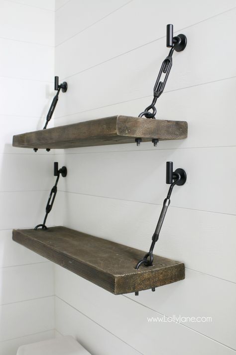 I finished renovating our hall bathroom last month and have been looking for the perfect shelves for storage above the toilet. I’ve been on the hunt for a good hanging shelves diy project and saw the prettiest turnbuckle wall shelf.  It was linked to this darling turnbuckle shelf kit but because they’re so darling, they have a … Diy Shelves Design, Diy Shelves Ideas, Bathroom Addition, Diy Hanging Shelves, Farmhouse Shelves, Great Bathrooms, Decor Baie, Regal Design, Hall Bathroom