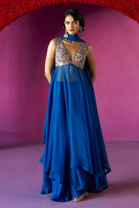 Shop for Mrunalini Rao Blue Fluido Resham Embroidered Yoke Anarkali Set for Women Online at Aza Fashions Anarkali Dress Organza, Royal Blue Anarkali Dresses, Designer Coord Sets For Women, Royal Blue Indian Outfit, Satin Dupatta, Mrunalini Rao, Anarkali Patterns, Indian Fits, Blue Anarkali