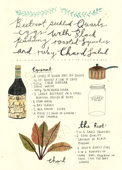 Beetroot pickled Quail Eggs with Black pudding, Roasted Squashes & Ruby Chard Salad Katt Frank illustration recipe Cook Illustration, Ryn Frank, Greek Kitchen, Illustrated Recipe, Illustration Journal, Illustrated Recipes, Cactus Drawing, Illustration Food, Aikido