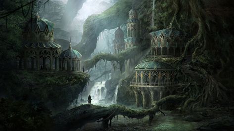 https://www.artstation.com/artwork/Eg1Aq Forest Palace Fantasy Art, Elf Kingdom, Dnd Scenery, Elven Architecture, Elf City, Elven City, The Hunting Party, Cave City, Anime Elf