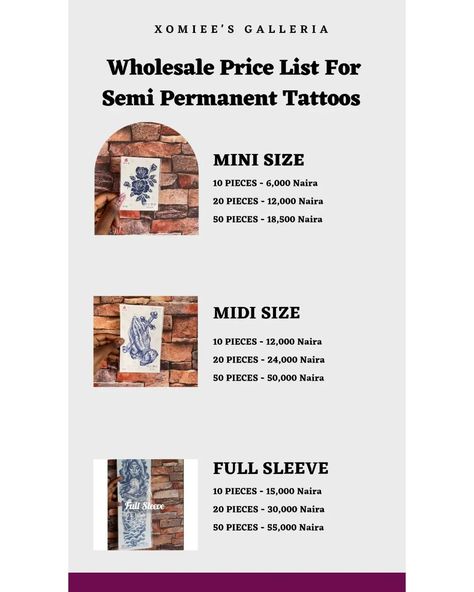 Updated wholesale price list for temporary and semi permanent tattoo stickers Kindly swipe to read our wholesale policy Semi Permanent Tattoo, Permanent Tattoo, Semi Permanent, Tattoo Stickers, Price List, Full Sleeve, Tattoos, Quick Saves