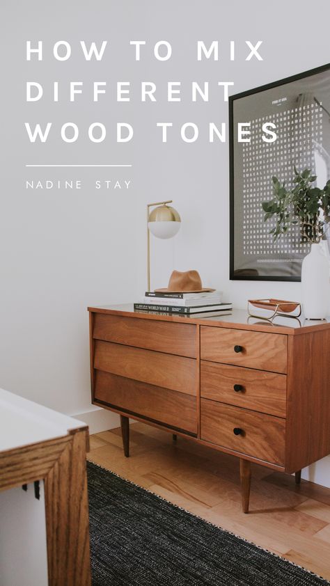 From wood flooring to furniture and wood ceiling beams, when incorporating more than one wood tone in your home it's important to make sure they blend. Read these 6 tips for blending and mixing more than one wood tone and species in your home for a cohesive look. | Nadine Stay #woodtones #mixingwood #woodflooring #woodfurniture #woodbeams #designtips #flooring #interiorstyling Wood Floor With Wood Furniture, Colors That Go With Wood Furniture, Walnut Wood Furniture Bedrooms, Bedroom Furniture With Dark Wood Floors, Combine Wood Tones, Color Palette For Wood Furniture, Wood Furniture With Wood Floors, Bedroom Design Wood Furniture, Light Floor Dark Furniture