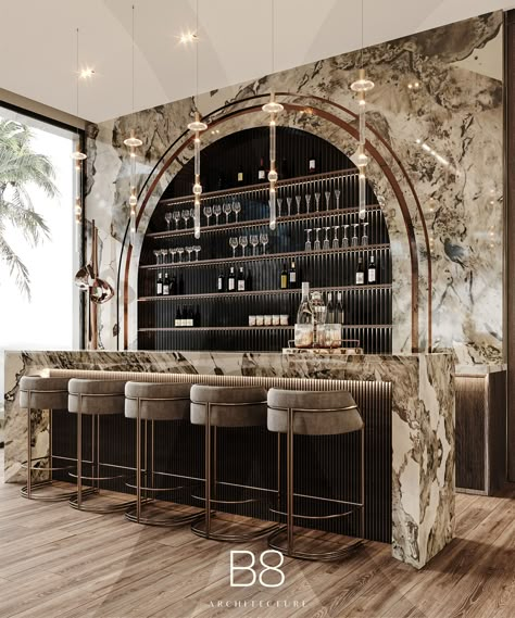 Noor Villa / Interior Design - B8 Architecture and Design Studio Modern Marble Bar Design, Luxe Bar Design, Wine Bar Wall Ideas, Black Basement Bar Ideas, Bar Desk Design, Bar Counter Design Home Modern Luxury, Modern Home Bar Designs Luxury, Modern Bar Ideas, Restaurant Modern Design