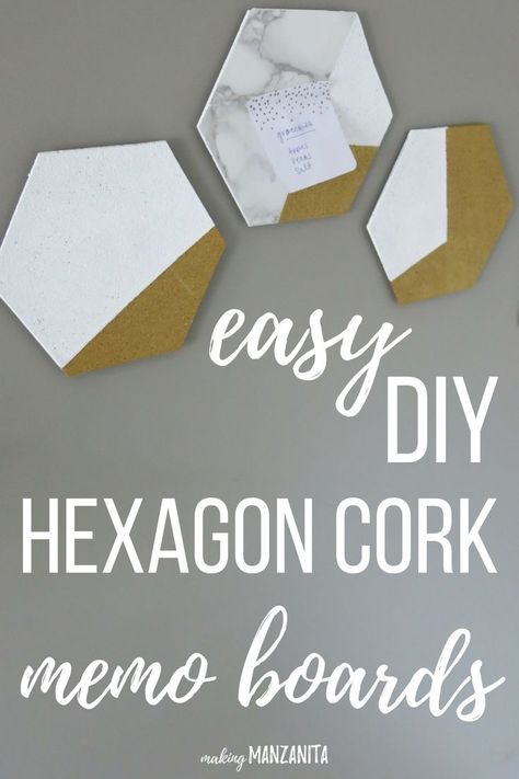 These easy DIY hexagon cork memo boards are so simple to make and they add a ton of style to your home office. They would even look cute hanging up in your cubicle at work. I love these gold and white with marble cork boards. Hexagon Cork Board Ideas, Hexagon Cork Board, Wall Art Tutorial, Auction Projects, Cork Boards, Memo Boards, Command Center, Craft Room Organization, Memo Board