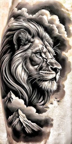 Shaded Lion Tattoo, Lion And Rose Tattoo, Mama Tattoo, Tattoo Shading, Lion Head Tattoos, Women Tattoos, Cloud Tattoo, Head Tattoos, Lion Tattoo