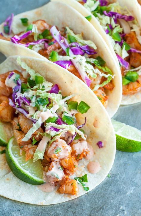 Spicy Sriracha Tacos With Cilantro Lime Slaw Sriracha Shrimp Tacos, Spicy Shrimp Taco, Healthy Shrimp Tacos, Sriracha Shrimp, Lime Slaw, Shrimp Taco, Spicy Shrimp Tacos, Cilantro Lime Slaw, Shrimp Taco Recipes