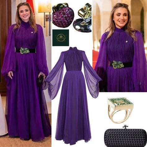 Royal Purple Dress, Queen Rania Of Jordan, Rania Of Jordan, Soiree Outfit, State Banquet, Indian Kurti Designs, King Abdullah, Tulle Skirt Black, Andrew Gn