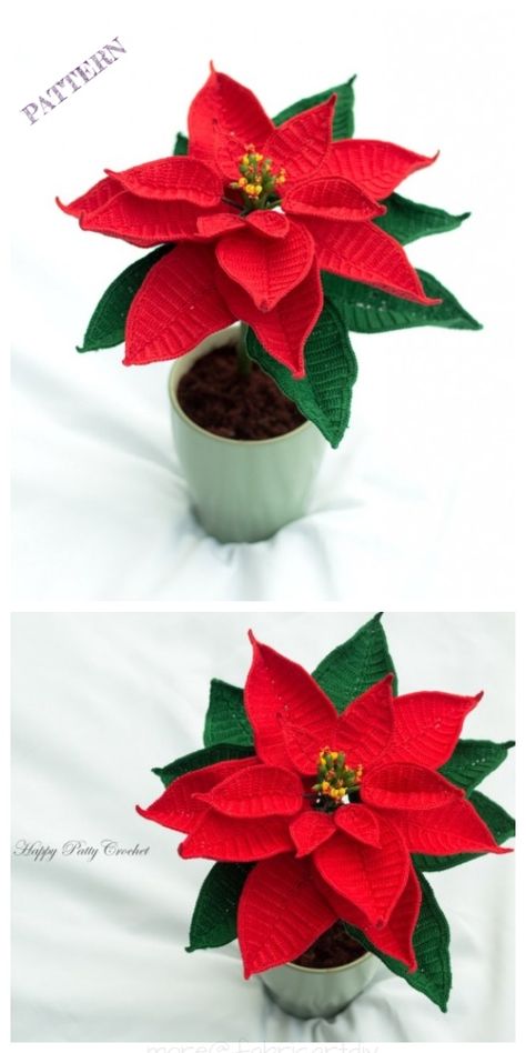 Christmas Crochet Poinsettia Flower Free Pattern-Video Crochet Poinsettia Pattern, Crochet Pointsetta Pattern Free, Poinsettia Crochet Pattern Free, Crochet Poinsettia Free Pattern, Crochet Christmas Ornaments Patterns, Poinsettia Crochet, Diy Crochet Ornaments, Crochet Poinsettia, Uncinetto Zig Zag