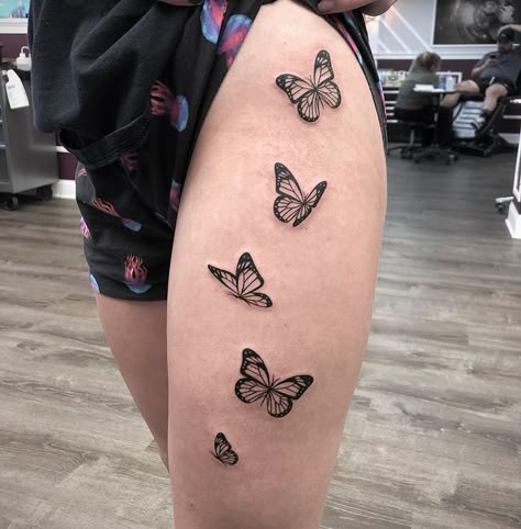 Flying Onwards Butterflies Tattoo for Thigh Butterfly Tattoo Going Up Leg, Butterfly Leg Tattoo, Butterfly Leg Tattoos, Thigh Band Tattoo, Butterfly Thigh Tattoo, Butterfly Tattoo Stencil, Cute Thigh Tattoos, Flying Tattoo, Tattoos Infinity