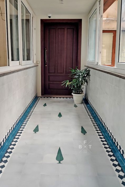 Flooring inspired by Mughal gardens line this hallway. Passage Flooring Design, Athangudi Tiles Texture, Tiles For Hall, Athangudi Tiles Flooring, Home Tiles Design, Athangudi Tiles, Hall Tiles, Flooring Bathroom, Indian Interior Design