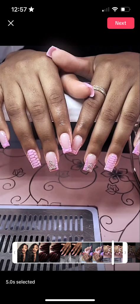 Pink Alligator Nails, 3d Croc Nails, Nails With Heart Charms, Alligator Nails, Croc Print Nails, Croc Nails, Pink Alligator, Spring Acrylic Nails, Print Nails