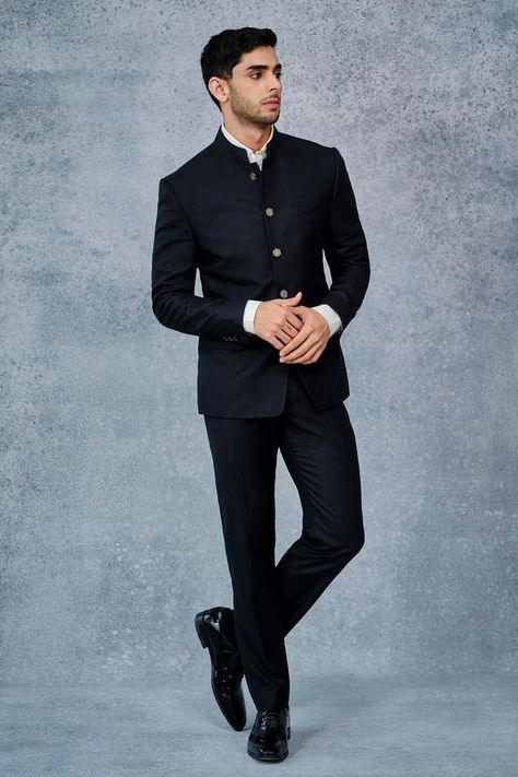 Buy Jatin Malik Blue Slub Silk Embroidered Bandhgala Set Online | Aza Fashions Raghvendra Rathore Menswear, Raghavendra Rathore Bandhgala, Bandhgala Suit Men Receptions, Black Bandhgala Men, Black Jodhpuri Suits For Men Wedding, Bandgala For Men, Jodhpuri Suits For Men Wedding, Full Black Suit, Black Jodhpuri