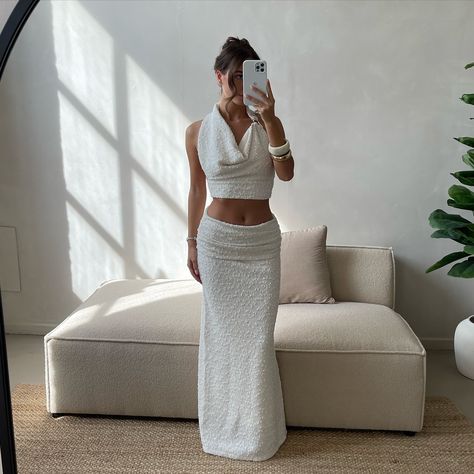 Introducing our matching Cowl Neck Top & Fold Over Waistband Maxi Skirt 🫶🏼🤤 I wanted to design the perfect date/girls night outfit that is flattering for everyone’s body types - the cowl neck does just that, and the maxi skirt can be worn low or high waisted looking fab either way💫 this fits like a dream and when you feel the fabric and the quality you will know why this is a favourite ☁️☁️🥹✨ Girls Night Outfit, The Perfect Date, Cowl Neck Top, Perfect Date, Night Outfits, Fold Over, Girls Night, Cowl Neck, Body Types