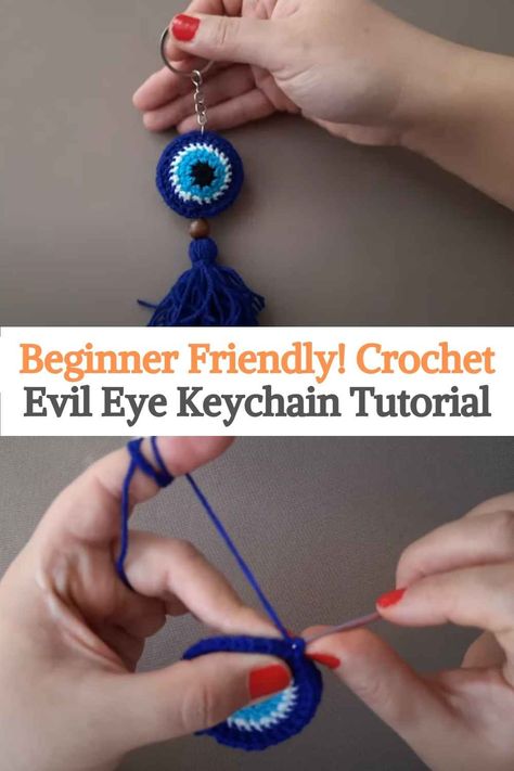 Free Evil Eye Crochet Pattern, Protection Keychain Ideas, Free Crochet Eye Patterns, How To Make Evil Eye, Crochet Evil Eye Keychain Free Pattern, Crochet Evil Eye Free Pattern, Spiritual Crochet Patterns Free, Crochet Keychain Ideas Simple, Evil Eye Crochet Keychain