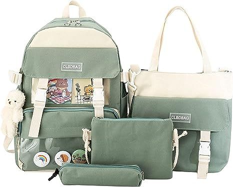 Cute Kawaii Backpack 4Pcs Canvas Backpack Give away bear pendant Pencil Pouch Shoulder Bag Lunch Bag for Girls Boys (one size, Green) College Book Bag, Aesthetic Backpack, Kawaii Backpack, Lunch Box Bag, Bag Boys, Bear Pendant, Cute Backpacks, Pencil Bags, School Backpack