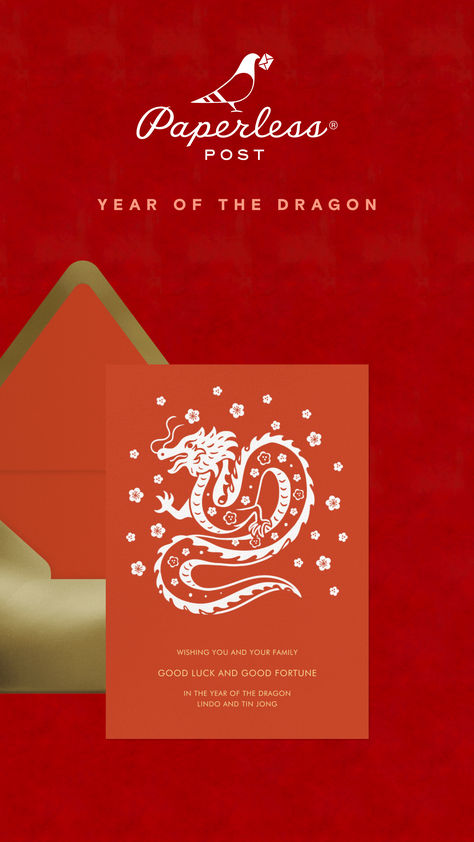 Discover festive Lunar New Year cards for sending wishes of happiness and good fortune in the Year of the Dragon. Cherry Blossom Dragon, Chinese New Year Cards, Lunar New Year Greetings, Dragon 2024, New Years Eve Invitations, Asian Cards, Chinese New Year Card, New Year Cards, Online Card