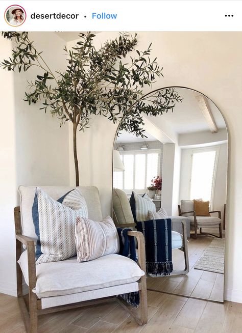 Living Room Corner Decor, Mirror Chair, Faux Trees, Entry Mirror, Bedroom Corner, Living Room Corner, Corner Decor, Room Corner, Neutral Interiors