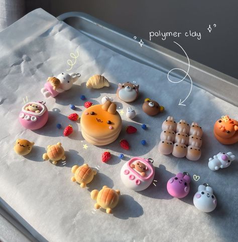 The clay cafe 🐰 | Pre-baked polymer clay charms 🥐🥞🐱 #polymerclay #polymerclaycharms #polymerclayart #tinyart #polymerclaycreation #cuteart #kawaii #クレイ #클레이... | Instagram How To Dry Polymer Clay, Polymer Clay Kawaii Food, Polymer Clay Mini Figures, Clay Gift Ideas For Men, Cute Polymer Clay Figures, Clay Ideas Polymer, Polymer Clay Designs Ideas, Clay Inspo Ideas, Aesthetic Clay Charms