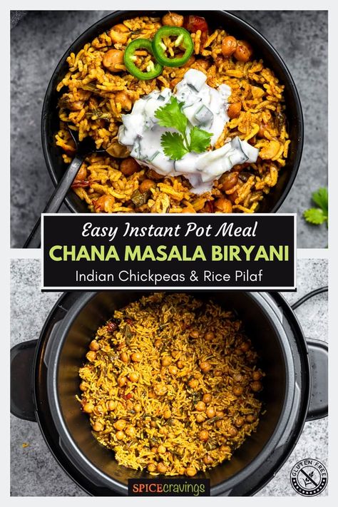 Easy Instant pot recipe for Chana Masala Biryani, a hearty, Indian flavored chickpeas and rice dish, that's vegan & gluten-free too! #instanpotrecipes #indianvegetarianrecipes #chickpeasrecipes Instant Pot Chana Masala, Instant Pot Chickpeas Recipes, Instant Pot Biryani, Chickpeas And Rice, Flavored Chickpeas, Vegetarian Rice Dishes, Peas Rice, Chickpea Masala, Recipe Pictures