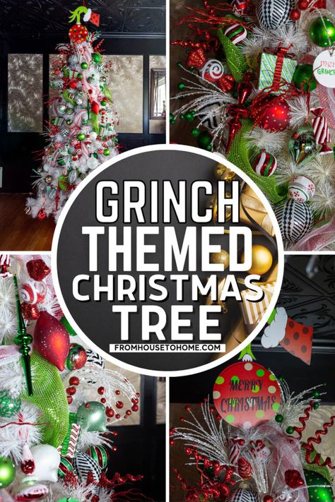 I love this Grinch Christmas tree! So many cool Christmas decorations! Read this tutorial to find out how to decorate this gorgeous Christmas tree. Grinch Christmas Tree Ideas, Grinch Christmas Tree Ideas Themed, Grinch Tree Topper, A Grinch Christmas, Grinch Christmas Tree Topper, Diy Grinch, Mickey Mouse Christmas Tree, Grinch Tree, Christmas Tree Decorations Ribbon