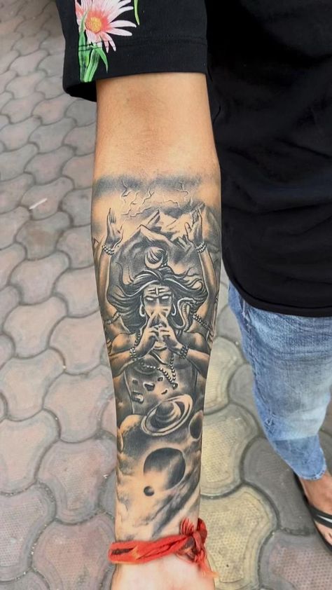 Hindu Temple Tattoo, Shiv Tattoo For Men On Hand, Forearm Tattoos Men Sleeve, Half Hand Tattoo Men, Cover Up Tattoos For Men Forearm, Half Hand Tattoo, Hindu God Tattoo, Mahadev Tattoo Designs For Men, Mahakal Tattoo Design