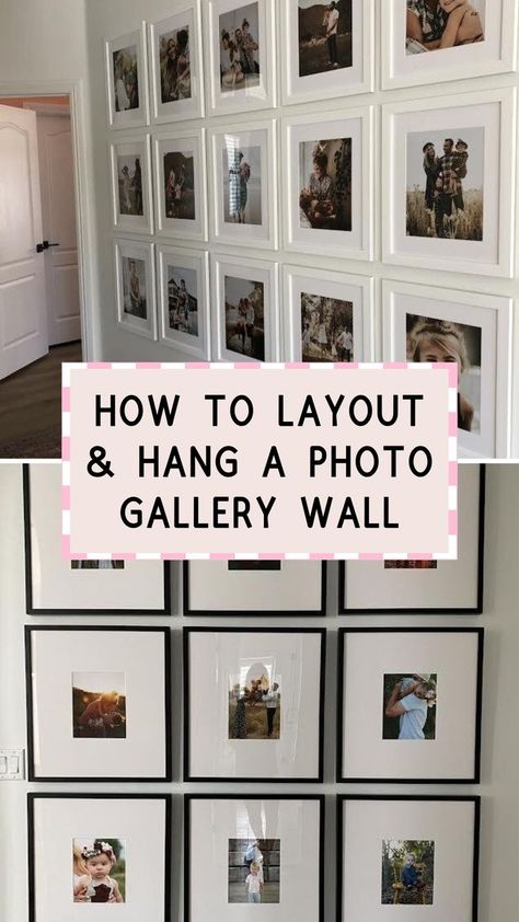 Wondering how to plan & hang a gallery wall in your home? I love our modern gallery wall layout & the simple gallery wall frames we used for our large hallway gallery wall! Learn the best gallery wall spacing, planning tips & how to hang yours here! How To Display School Pictures On Wall, Photo Wall White Frames, How To Easily Hang A Gallery Wall, How To Hang A Gallery Wall The Right Way, How To Hang Gallery Wall Pictures, How To Design A Gallery Wall, Chic Photo Wall, How To Build A Gallery Wall, How To Gallery Wall Layout