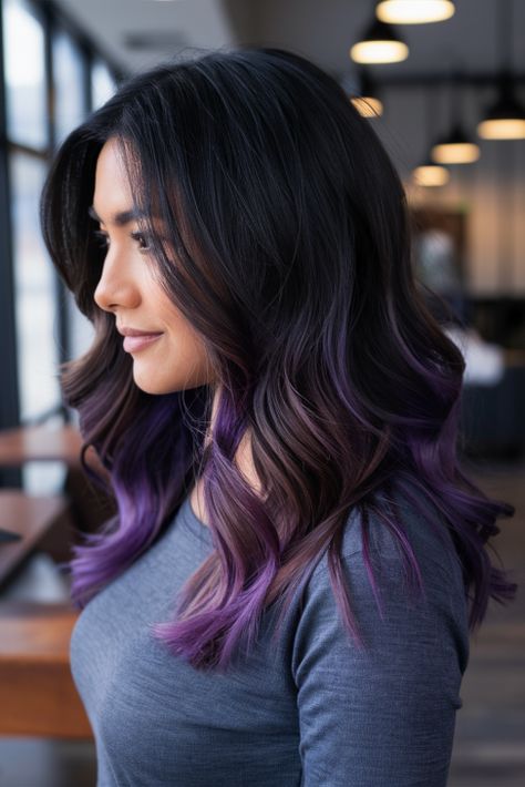 22 Winter Hair Color Ideas 2024-2025: Brunettes, Blondes, Short Hair & Dark Hair Trends Purple Hair Brunette, Dark Purple Peekaboo Hair, Dark Hair Trends, Short Hair Dark, Purple Peekaboo Hair, Winter Hair Color Ideas, Purple Ombre Hair, Peekaboo Hair, Hair Dark