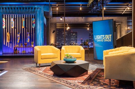 Lights Out with David Spade Broadcast Set Design Gallery Interactive Gallery, Podcast Setup, David Spade, Home Recording Studio Setup, Recording Studio Setup, Tv Set Design, Studio Build, Virtual Studio, Stage Set Design