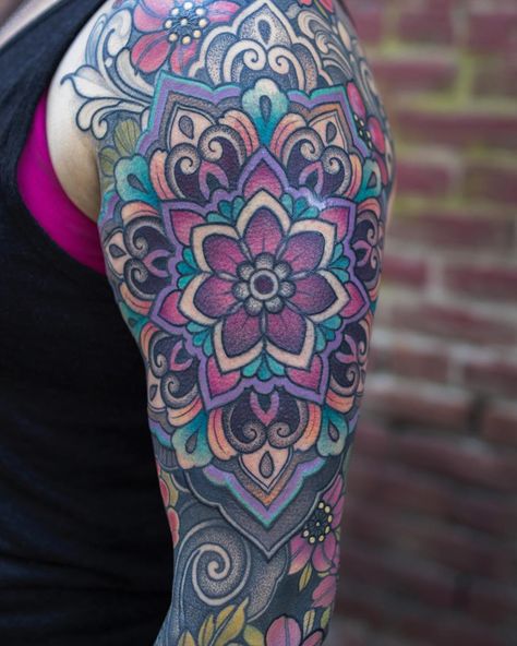 Color Mandala Tattoo Sleeve, Rainbow Mandala Tattoo, Mandala Tattoo Colorful, Colored Mandala Tattoo, Colour Mandala Tattoo, Tattoo Colourful, Gramophone Tattoo, Colorful Mandala Tattoo, Colorful Sleeve Tattoos