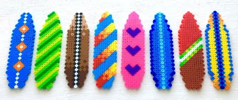 Perler Bead Surfboards by Kyle McCoy - PixelArtShop Surfboard Perler Beads, Beach Perler Beads, Beach Perler Bead Patterns, Summer Perler Bead Patterns, Bead Projects Ideas, Perler Bead Projects, Shark Crafts, Hawaii Crafts, Hamma Beads Ideas