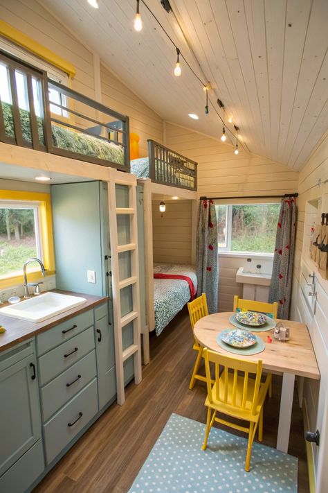 Tiny living made family-friendly! This cabin includes bunk beds, a cozy dining area, and durable materials for a kid-friendly space. Perfect for creating big memories in a small home! 🌈🛏️ #FamilyCabin #TinyHomeLife #KidFriendlyDesign #SmartStorage #CozyLiving Small Cabin Bunk Beds, Airbnb Tiny Cabin, Small Guest Cabin Ideas, Tiny House Bunk Room, Tiny Shed Homes Interiors, Bunkies Guest Cabin, Shed Cabin Interior, Bunkhouse Ideas Guest Cabin, Bunk House Shed