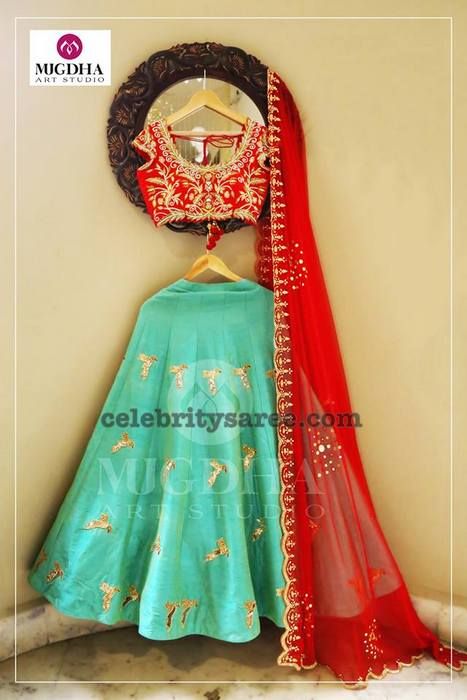 Sea Green Red Half Sari by Shashi Vangapally Green Lehenga Combination, Lehenga Combination, Sea Green Lehenga, Green Suit Women, Lehenga Color Combinations, Half Sari, Party Wear Long Gowns, Punjabi Suits Designer Boutique, Indian Celebrity