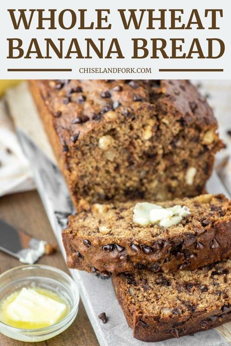 This whole wheat banana bread is a healthier take on an American classic, but tastes just as good, if not better than the original. #wholewheatbananabread #healthybananabread #chocolatechipbananabread #bananabread | chiselandfork.com Whole Wheat Banana Bread Recipe, Wheat Banana Bread Recipe, Fall Bread, Butternut Squash Bread, Healthy Banana Bread Recipe, Whole Wheat Banana Bread, Flours Banana Bread, Banana Bread Recipe Healthy, Banana Chocolate Chip Muffins