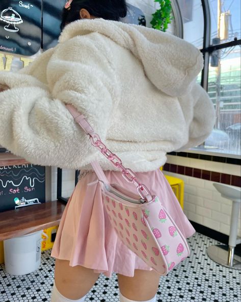 Kidcore Pink Outfit, Lucia Meep, Pink Skirt Outfit Winter, Fur Outfit Aesthetic, Soft Kawaii Aesthetic Outfits, Girly Girl Aesthetic Outfits, Pink Cardigan Outfit Aesthetic, Pink Skirt Outfit Aesthetic, Y2k Girly Aesthetic