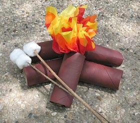 Made out of TP rolls, tissue paper, and cotton balls- tactile, fine motor, motor-planning, fun! Could use for target speech sounds: /l/ (log), final /r/ (fire), /st/ (stick), etc. etc. Great for language/vocab too! Indoor Campfire, Campfire Marshmallows, Indoor Camping, Glamping Party, Toilet Roll Craft, Dramatic Play Preschool, Toilet Paper Tube, Girl Guide, Dramatic Play Centers