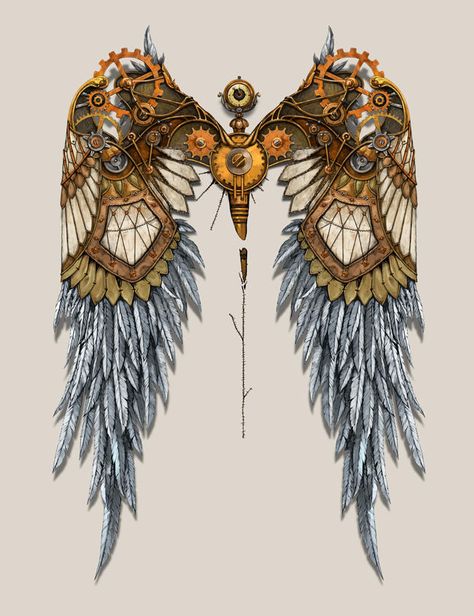 Steampunk Wings Tattoo, Robot Wings, Steampunk Tattoos, Steampunk Tattoo Design, Steampunk Angel, Wings Inspiration, Steampunk Wings, Steampunk Tattoo, Angel Wings Tattoo