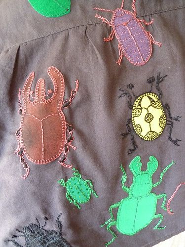 beetling along | still plodding along with the embroidery | Nom | Flickr Custom Clothes Sewing, Bug Inspired Fashion, Insect Clothes, Patch Work Ideas, Patching Clothes, Bug Clothes, Bug Outfit, Embroidery Patches Diy, Bug Embroidery