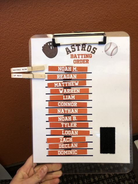 Batting order clipboard Batting Order Chart, Baseball Dugout Organization Team Mom, Baseball Lineup Board Diy, Dugout Organization, Softball Team Mom, Baseball Lineup, Sports Classroom, Baseball Dugout, Diy Clipboard