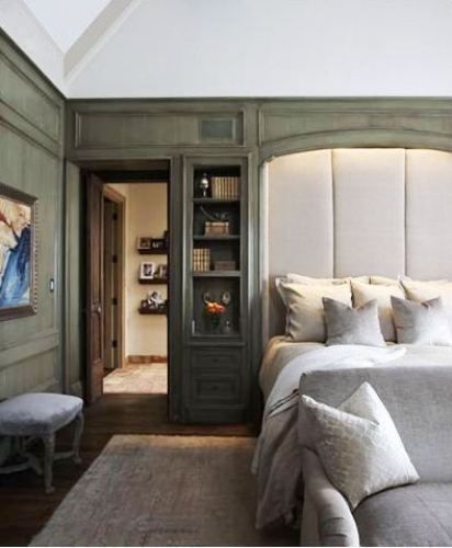 Closet Behind Bed, Tudor Design, Headboard From Old Door, Modern Tudor, Bed Nook, Tudor Revival, Headboard Designs, Bed In Closet, Traditional Bedroom