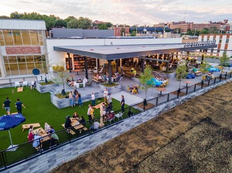 During the warmer months, the massive outdoor patio allows another 400 to enjoy the atmosphere and offerings with under the night sky. Commercial Patio Design Outdoor Spaces, Outdoor Brewery Patio, Public Market Architecture, Restaurant Design Plan, Ideas For Restaurant, Outdoor Restaurant Patio, Church Design Architecture, Big Architects, Outdoor Gathering Space