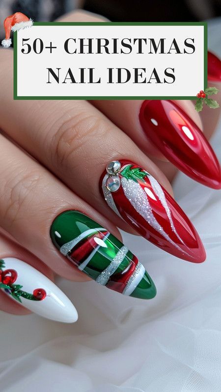 #ChristmasNails #HolidayNails #NailArt #ChristmasNailArt #WinterNails #RedNails #GreenNails #GlitterNails #xmasNails Christmas Finger Nail Design Ideas, December Nails New Years, Xmas Nail Designs 2024, Christmas Hat Nail Art, Almond Nail Art Christmas, Christmas Nail Art Designs 2024, Gel Nail Christmas Designs Holidays, Xmas Nail Designs Simple Christmas, Christmas Accent Nail Designs