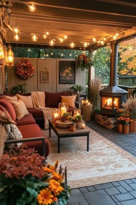 COZY 🏡 | ℂ𝕠𝕫𝕪 𝕍𝕚𝕓𝕖𝕤 🏠 🔥🕯️🏵️💐🌿🧡💚🤎♥️ | Facebook Patio Garden Ideas Fire Pit, Fall Decor Patio Ideas, Cozy Winter Patio, Cozy Outdoor Patio Ideas, Fall Backyard Ideas, Cozy Patio Decorating Ideas, Front Yard Fall Decor Ideas, Relaxing Backyard Ideas, Winter Garden Decoration