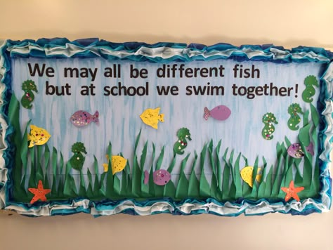 "We may all be different fish but at school we swim together!" Prek bulletin board for swimming/water study! Ocean Bulletin Board, Kids Bulletin Boards, Summer Bulletin Boards, Ocean Theme Classroom, Spring Bulletin, School Board Decoration, Preschool Bulletin, Preschool Bulletin Boards, Different Fish