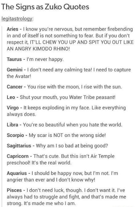 The signs as Zuko quotes Zuko Quotes Funny, Zuko Quotes, Calming Tea, Avatar Zuko, Water Tribe, Avatar The Last Airbender, The Signs, The Last Airbender, Avatar