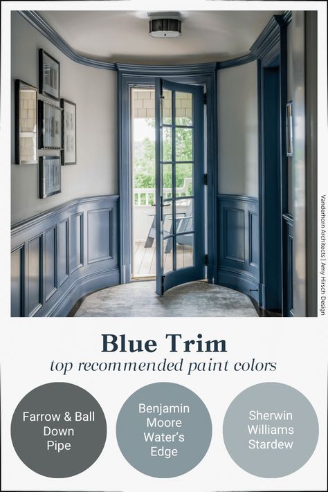 A round-up of paint colors most recommended and used by interior designers to create the trend of contrast trim in your own home. Interior Historic Paint Colors, Light Blue Walls With Dark Trim, White Wall Blue Trim, White Room Blue Trim, Blue Wanescoting Ideas, Blue Walls With Blue Trim, Cream Walls Blue Trim, White Walls With Blue Trim, Navy Blue Trim Interior