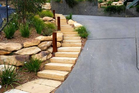 Stair Builder Blue Mountains - The Landscaped Garden Steep Hill Driveway Ideas, Backyard Steps, Steep Hillside Landscaping, Steep Driveway, Steep Backyard, Sandstone Garden, Sloped Front Yard, Slope Landscaping, Front Path