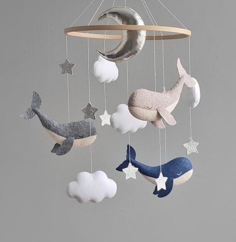 By CutePatternUA on Etsy Felt Whale, Sea Mobile, Felt Tutorial, Whale Mobile, Ocean Nursery Decor, Stars Baby Mobile, Christmas Tree Advent Calendar, Felt Fish, Baby Boy Mobile