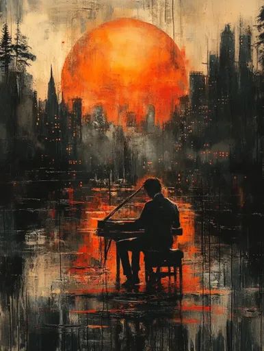 ↑↑↑ Larger size on website 🔸 The painting depicts a lone figure sitting at a grand piano in the foreground. The cityscape behind Figure Sitting, Lost In Thought, Playing Piano, Grand Piano, Abstract Styles, Cityscape, Art Images, Piano, Art